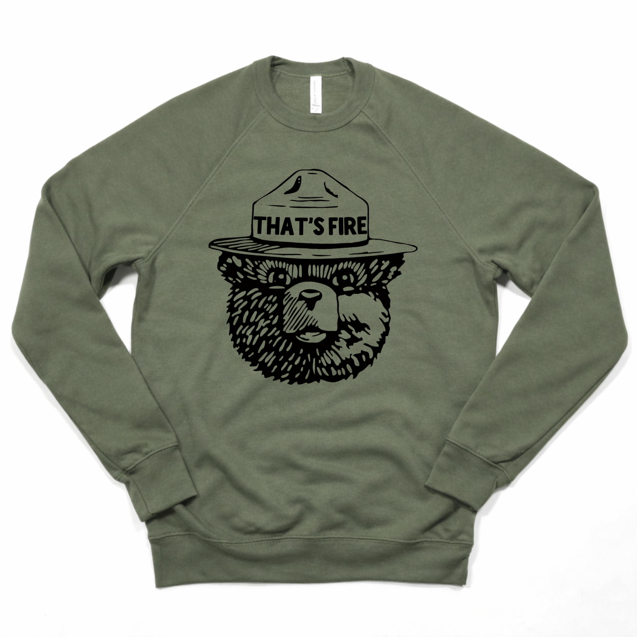 Bear “That’s Fire” Crewneck | Hoodie Sweatshirt 207: Heather Olive / M / Crewneck Sweatshirt