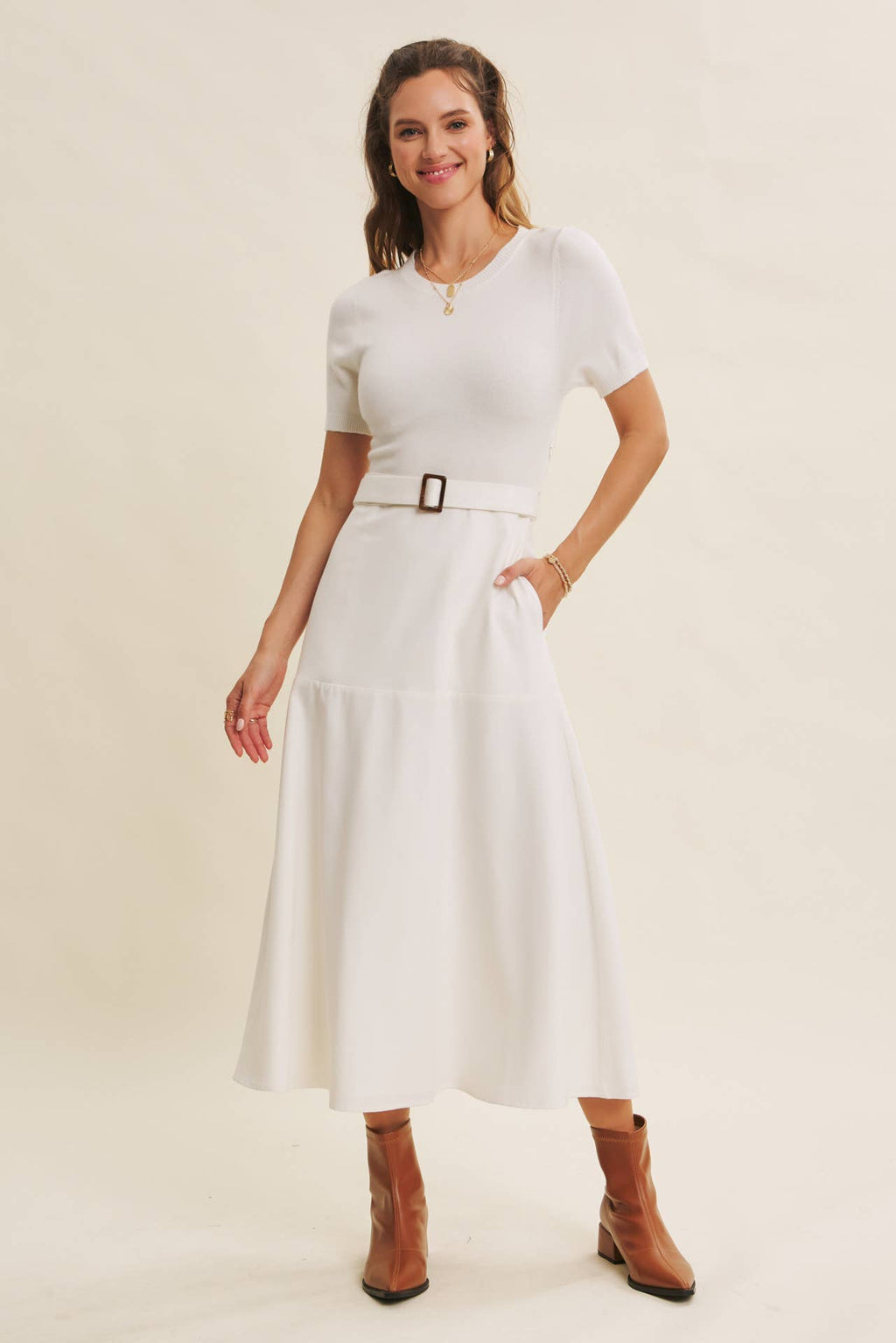 PHOTOGRAPHS LIKE A DREAM BELTED SWEATER TWOFER MIDI DRESS